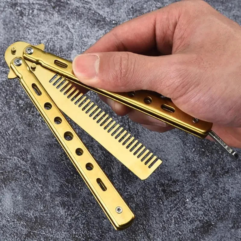 1PCS Pente dobrável de aço inoxidável, prática de treinamento, faca borboleta, pente, barba salão de cabeleireiro, ferrament