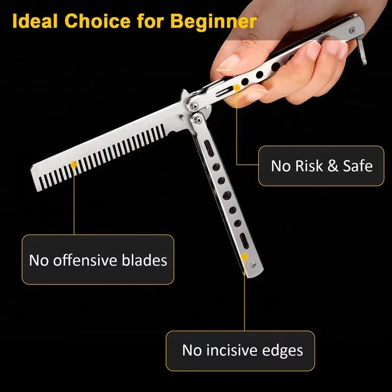1PCS Pente dobrável de aço inoxidável, prática de treinamento, faca borboleta, pente, barba salão de cabeleireiro, ferrament