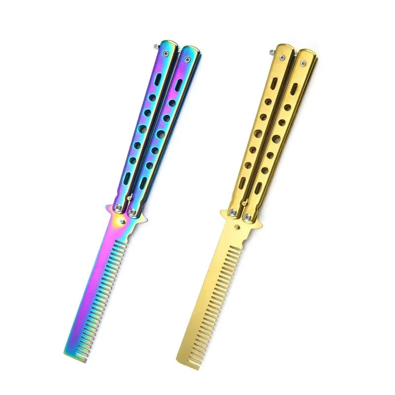 1PCS Pente dobrável de aço inoxidável, prática de treinamento, faca borboleta, pente, barba salão de cabeleireiro, ferrament