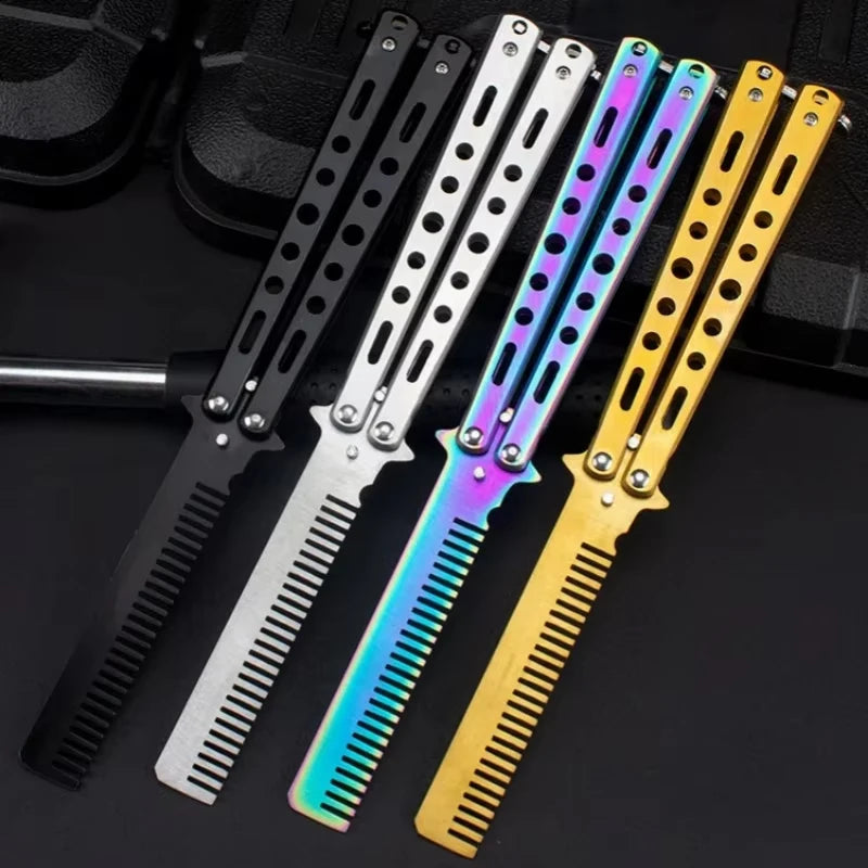 1PCS Pente dobrável de aço inoxidável, prática de treinamento, faca borboleta, pente, barba salão de cabeleireiro, ferrament