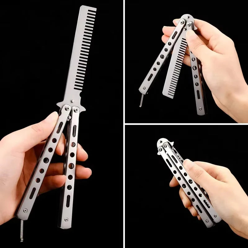 1PCS Pente dobrável de aço inoxidável, prática de treinamento, faca borboleta, pente, barba salão de cabeleireiro, ferrament