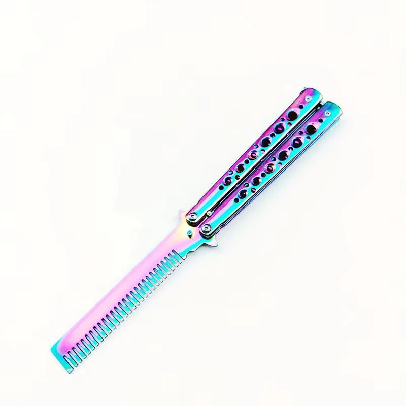 1PCS Pente dobrável de aço inoxidável, prática de treinamento, faca borboleta, pente, barba salão de cabeleireiro, ferrament
