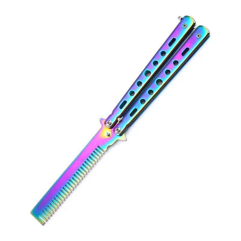 1PCS Pente dobrável de aço inoxidável, prática de treinamento, faca borboleta, pente, barba salão de cabeleireiro, ferrament