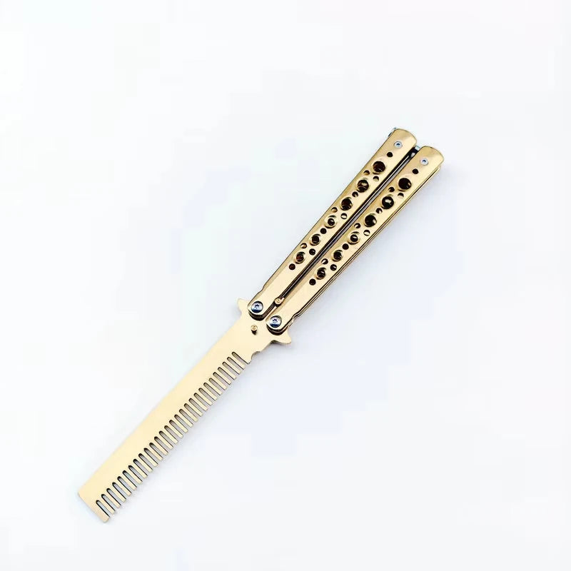 1PCS Pente dobrável de aço inoxidável, prática de treinamento, faca borboleta, pente, barba salão de cabeleireiro, ferrament