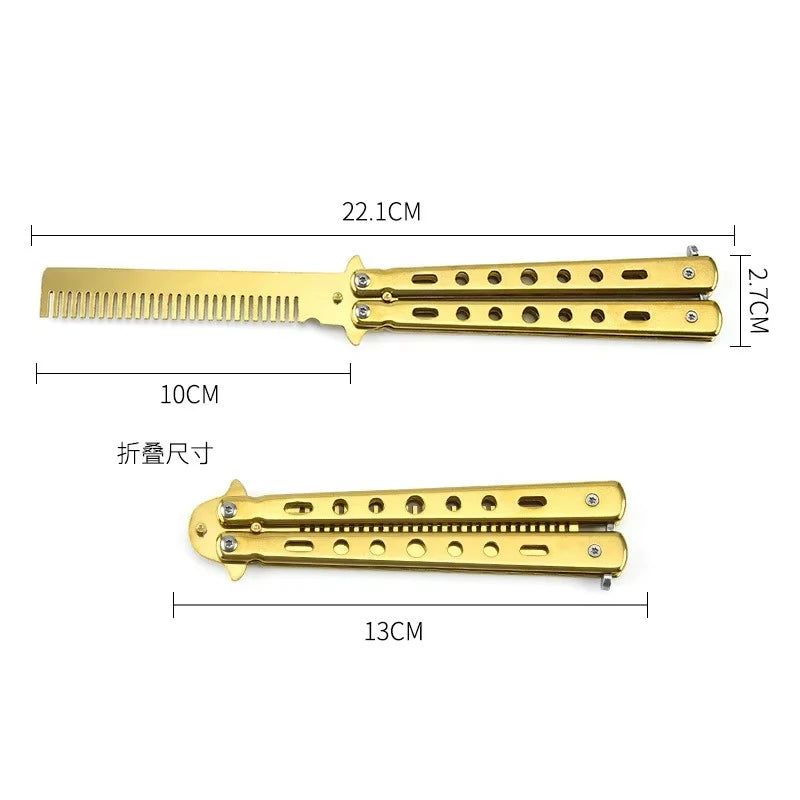 1PCS Pente dobrável de aço inoxidável, prática de treinamento, faca borboleta, pente, barba salão de cabeleireiro, ferrament